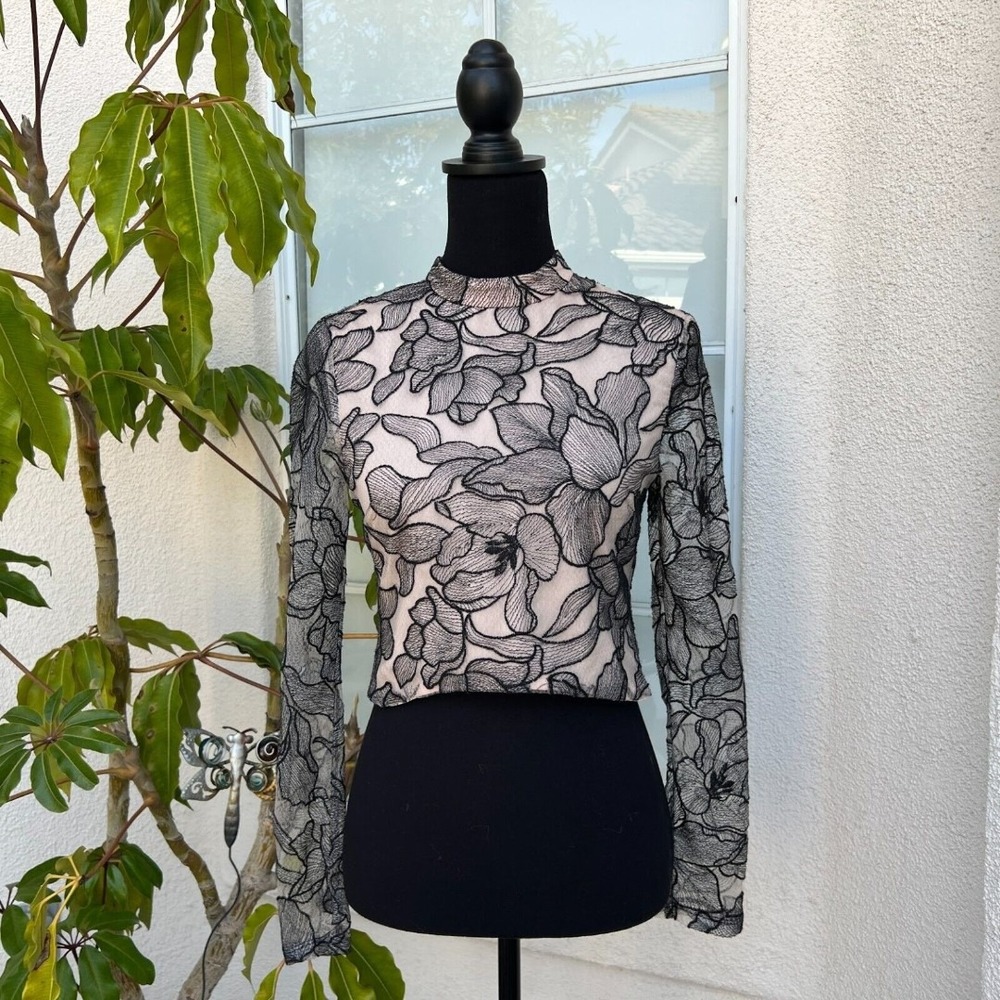 WAYF Floral‎ Crop Top with Lace Mesh Sleeves XS